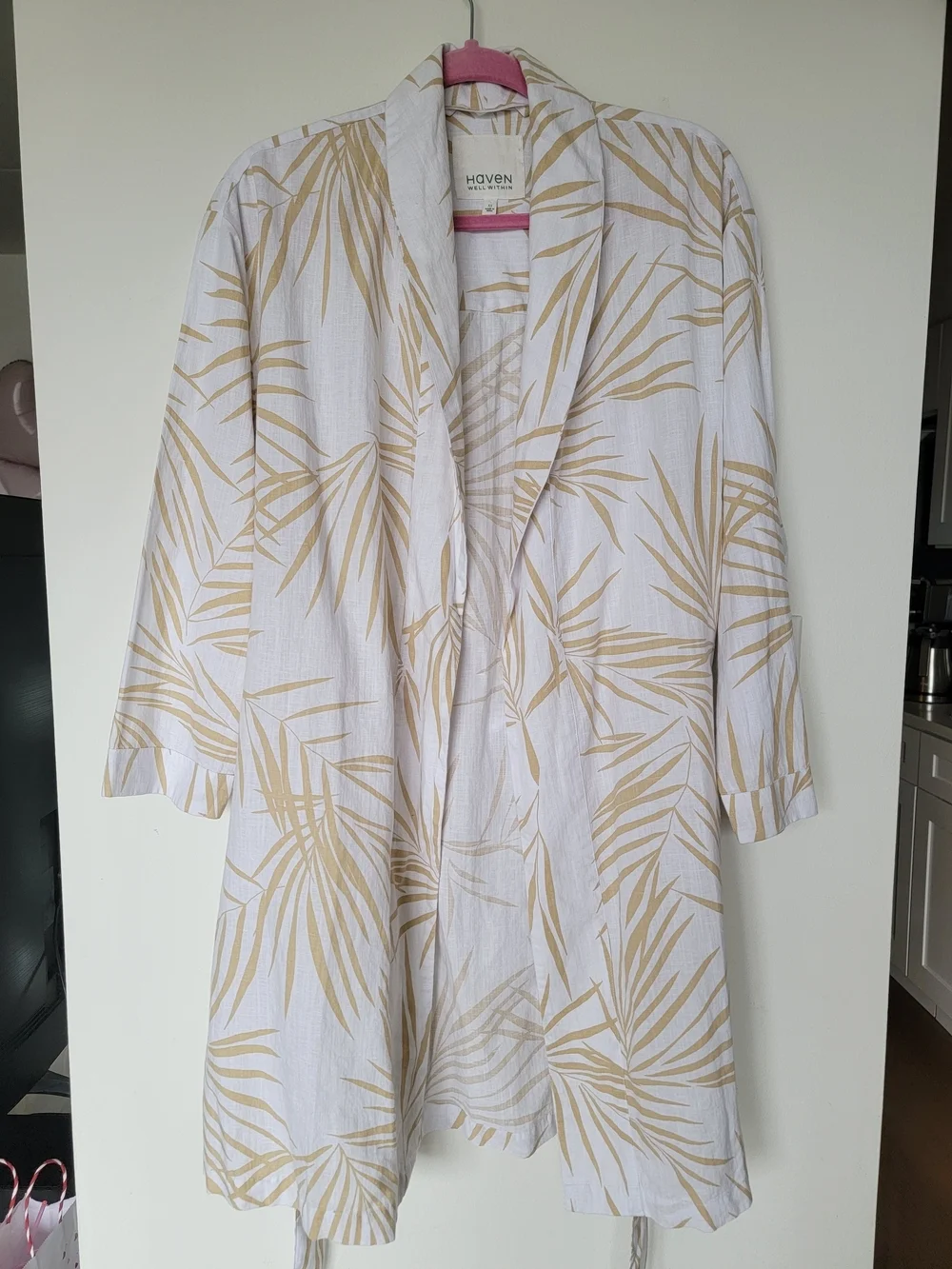 Palm-Print Cotton Robe in Cream & Tan